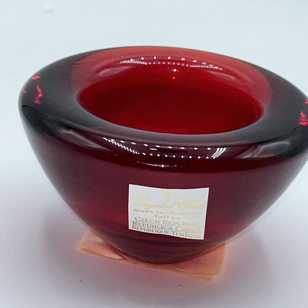 Vintage Crystal Clear Czech Republic handmade Red Thick Glass Bowl Votive New